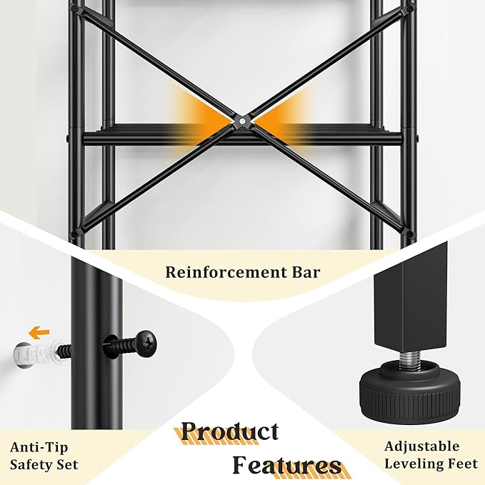Storage Shelves-6 Tier Metal Shelving Unit with Hooks,Heavy Duty Garage Shelving with Leveling Feet,High Standing Shelf Organizer for Kitchen Pantry Bathroom Dorm,17.7”W×11.8”D ×72.2”H,Black