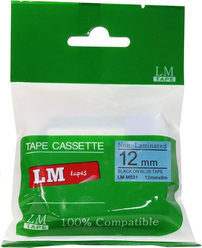 LM Tapes - Premium Compatible 1/2" (12mm) Black on Blue M Series P-Touch Tape, Replaces M531
