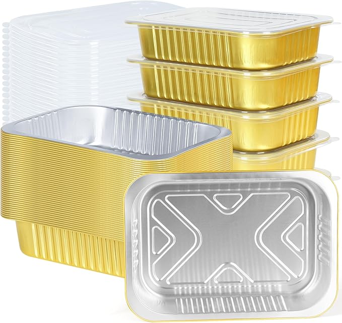 Fothwart 20 Pack 5 LB 11"×8"×2" Gold Aluminum Foil Pans with Lids Heavy Duty, Foil Food Containers with Lids, Disposable Tin Foil Pans for Meal Prep, Freezer, Heating and Takeout