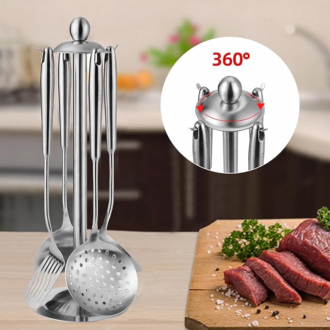 MAXCOOK 5 Pieces Cooking Utensils set, 18/8 Stainless Steel Kitchen Utensil Set with Rotating Holder (Dishwasher Safe)
