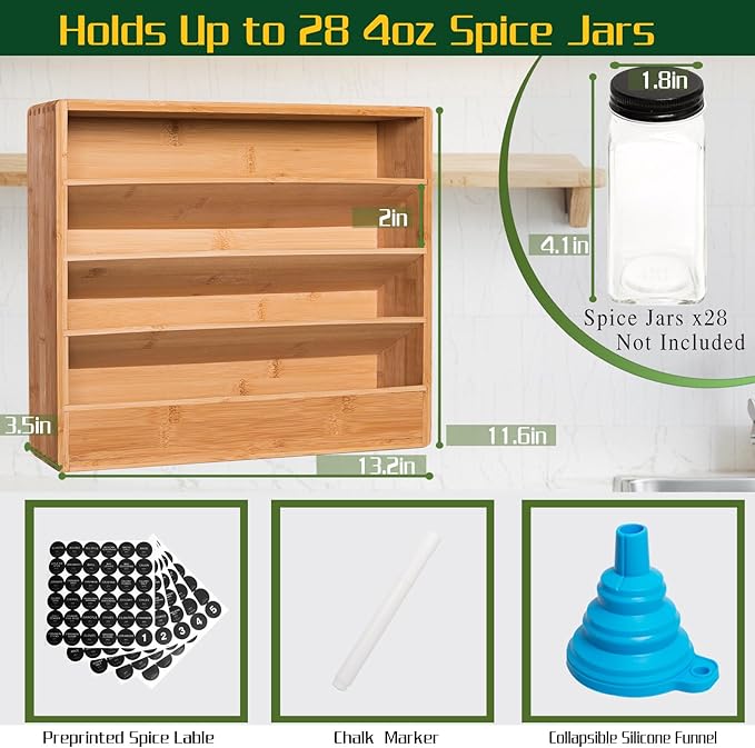 Bamboo Tiered Spice Rack Organizer for Cabinet,Wooden Seasoning Rack for Countertop, Cupboard, Pantry, Kitchen (Spice Jars Not Included)