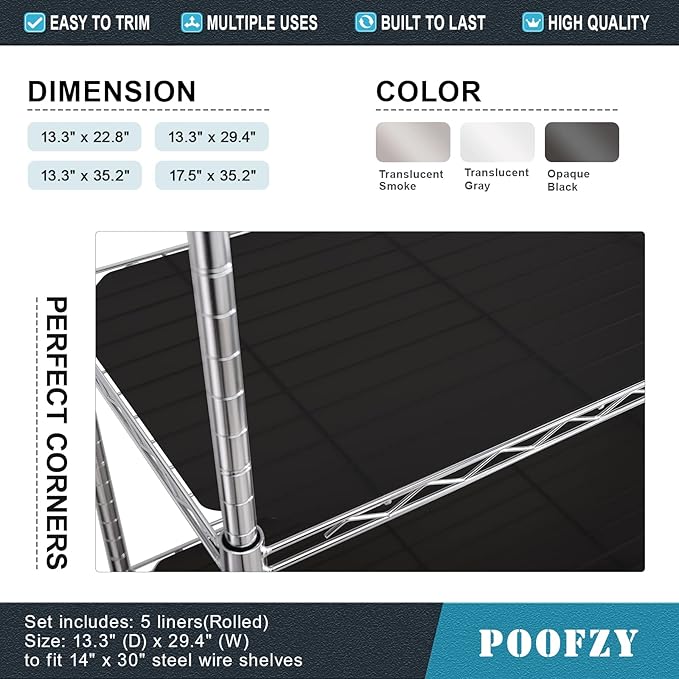 Poofzy Wire Shelf Liner 16" X 36", Non-Adhesive Plastic Shelf Liners for Wire Shelving, Waterproof Protector Mats (5PK, Black)