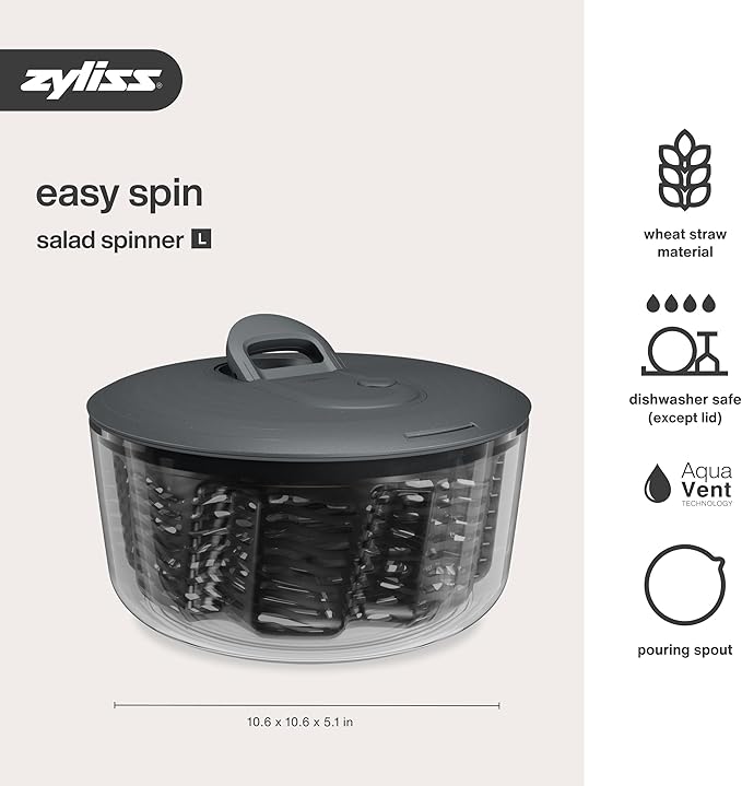 Zyliss Easy Spin Salad Spinner - Fruit & Veggie Dryer - Produce Spinner & Cleaner for Salad Prep - Dishwasher-Safe Kitchen Essential - Non-Slip Bowl with Pull Handle - Grey Easy Spin Large