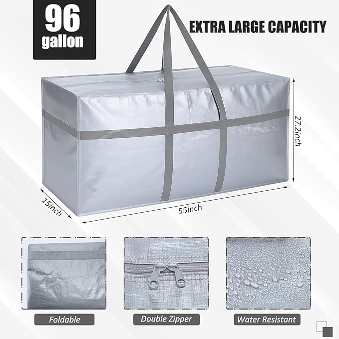 4 Pcs 96 Gallon Extra Large Moving Bags Heavy Duty Storage Bag with Strong Zipper Handle Foldable XXL Jumbo Storage Tote Packing Moving Box for College Dorm Travel Cloth Duffle (Silver)