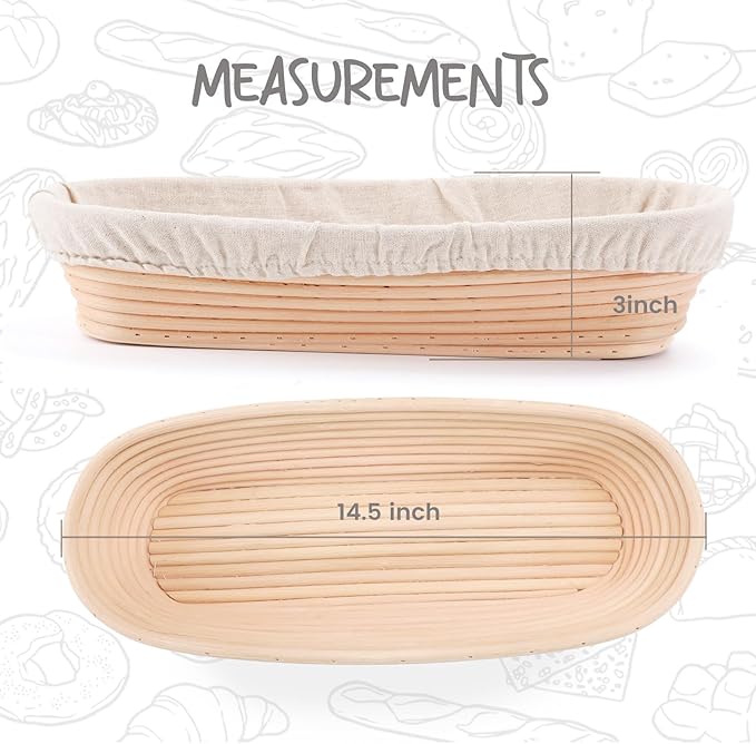 DOYOLLA 14.5inch Oval Bread Dough Proofing Rising Rattan Basket & Liner Combo for Professional & Home Baking (2 basket & 2 liner)