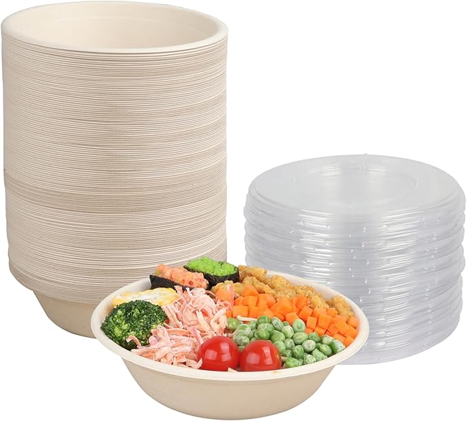 JAYEEY 32 oz Round Disposable bowls with lids,Sugarcane Paper Bowls take away food containers Plant Fibers Freezer Safe 50 Pack