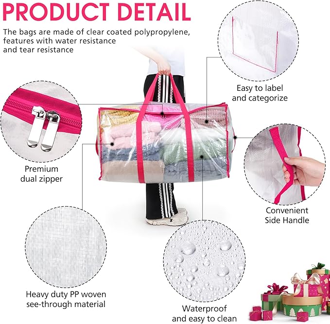 Aliceset 12-Pack Clear Moving Bags 90.84L Heavy Duty Extra Large Storage Totes with Reinforced Handles & Zippers, for Moving, College Dorm, Traveling(Pink)