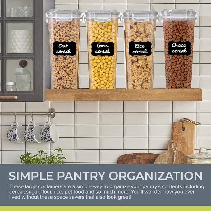 Simply Gourmet Airtight Cereal Containers with Lids – 4 Piece Tall Kitchen Pantry Organization Set, BPA-Free Clear Plastic, Pour Spout Lids for Breakfast Cereal, Rice, Flour, Sugar, Snacks