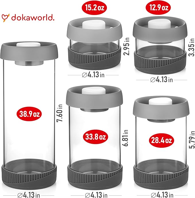 dokaworld Glass Canisters Set - Kitchen Leakproof Seal Food Storage Jars - Coffee Bean Container - Pack of 5 Glass Canisters With Vacuum Airtight Lids for Cereal, Pet Treats, Nuts, Candy
