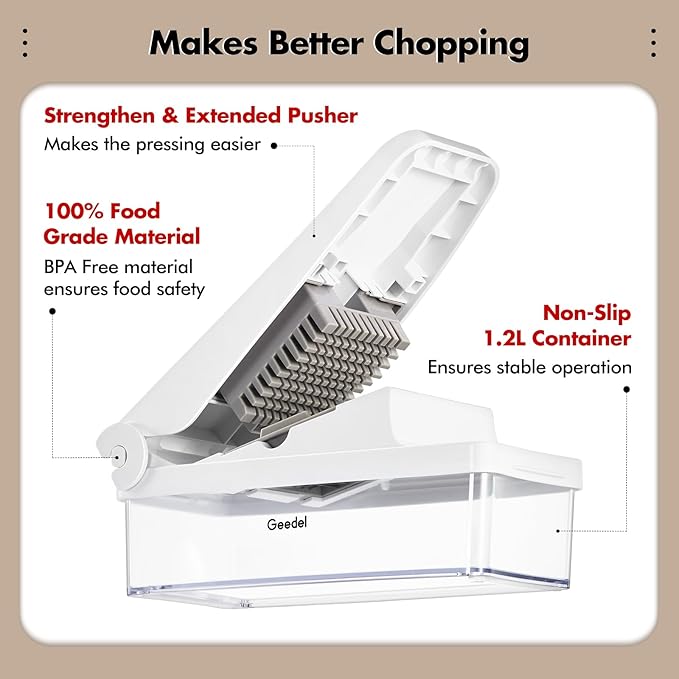 Geedel Vegetable Cutter, Onion Cutter Pro Food Chopper, Kitchen Vegetable Slicer Dicer Cutter Grater, Veggie Chopper with container for Salad Onion Potato Carrot (4 in 1, White)