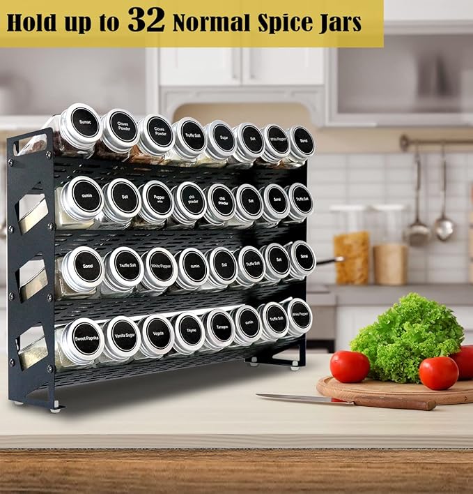 4 Tier Spice Rack Organizer with 32 Square Spice Jars and 160 Spice Labels Set for Kitchen Cabinet Countertop Pantry or Wall Mount, Matte Black