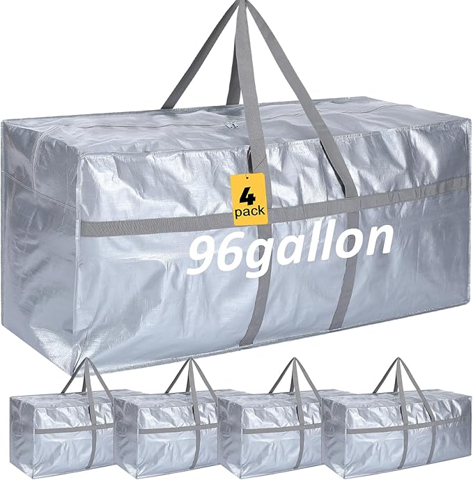 4 Pcs 96 Gallon Extra Large Moving Bags Heavy Duty Storage Bag with Strong Zipper Handle Foldable XXL Jumbo Storage Tote Packing Moving Box for College Dorm Travel Cloth Duffle (Silver)