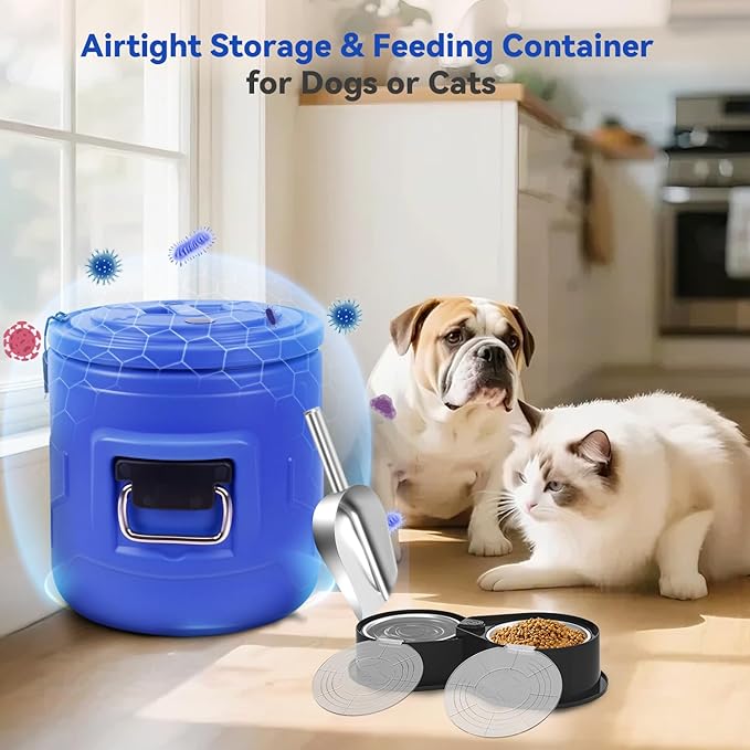 Newget 15lb Dog Food Storage Container, Stainless Steel Airtight Pet Food Storage Container and Durable Plastic Food Container, Large Metal Cat Food Container with Lid and Scoop to Keep Fresh