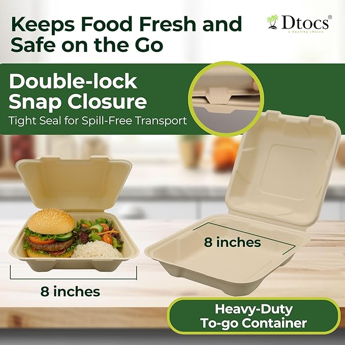 Dtocs Compostable Clamshell To Go Food Containers 8x8-70 Pc | Bamboo Fiber Heavy-Duty Disposable Microwavable Carry Out Container | Biodegradable Take Out Containers with Lids For Home, Chefs