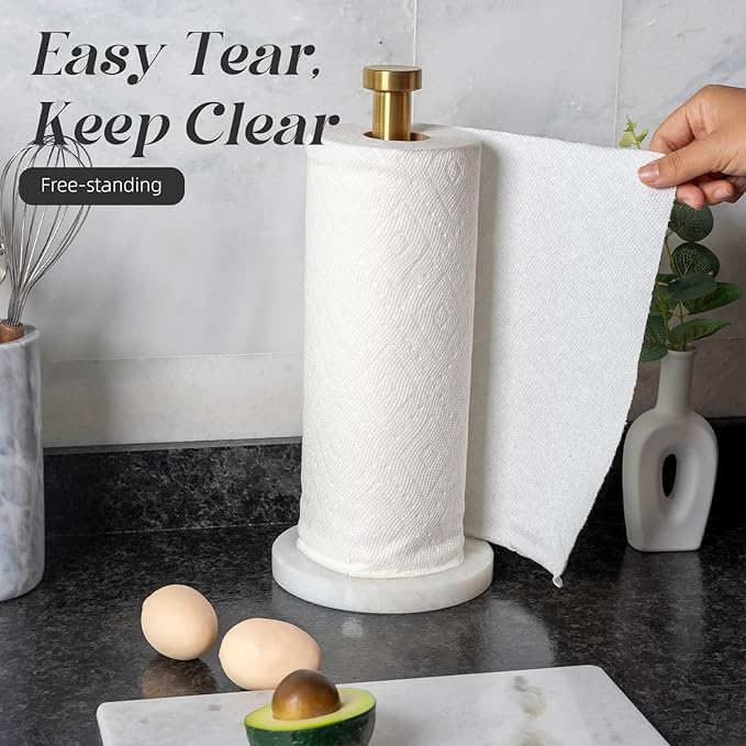 Koville African Genuine Marble Paper Towel Holder Countertop, 6" Stone Base Gold Rod Paper Towel Holder Stand for Kitchen Storage, for Standard or Jumbo-Sized Rolls