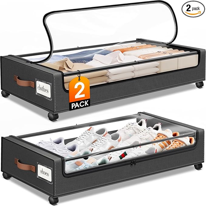 Under Bed Storage with Wheels 2Pack Storage Containers with Clear Window&Label Under Bed Drawers Rolling Under Bed Storage for Clothes,Shoes, Blankets (30.71 x 16.93 x 6.69 in, Dark Grey)