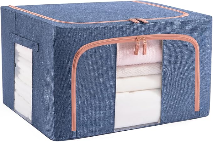 GuliPostan 24L Stackable Clothes Storage Bins with Metal Frame Handles & Zipper, Collapsible Closet Organizer Box with Lid for Bedding Blankets Towel (Navy,1 pack)