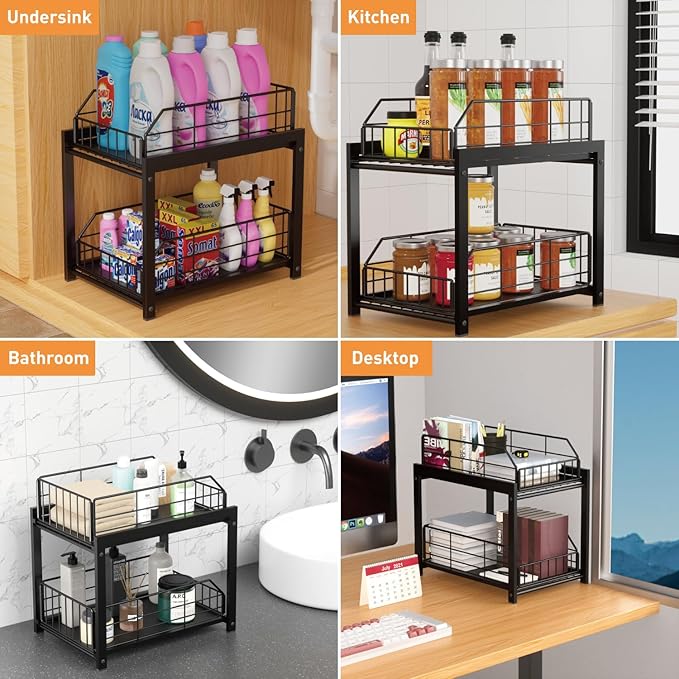 Lxmons 2 Tier Sliding Basket Drawer Organizer, Pull Out Under Sink Cabinets Organizers, Metal Home Shelf for Bathroom or Kitchen, Sliding Countertop or Pantry Storage Shelf, Black