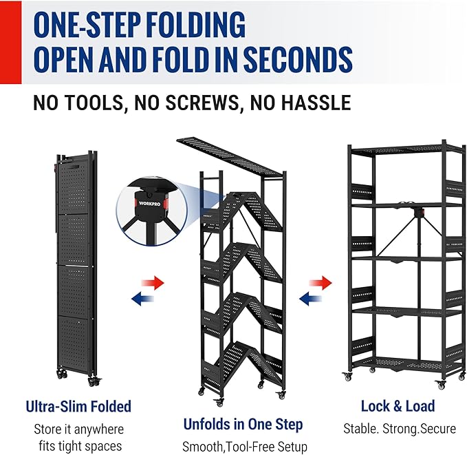 WORKPRO 5-Tier Folding Shelf, No-Assembly Metal Storage Rack with Wheels, 750 lbs Capacity (with Leveling Feet), Collapsible Shelving Unit for Kitchen, Pantry, Bathroom & Closet Organization