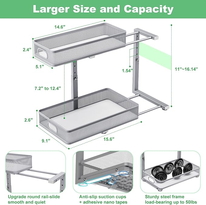 Under Sink Organizer, High Adjustable 2 Tier Under Sink Organizers and Storage, Slide Out Metal Cabinet Organizers, Pull Out Sink Storage Drawer Shelf for Kitchen Bathroom Cabinet, Grey, 2 Pack