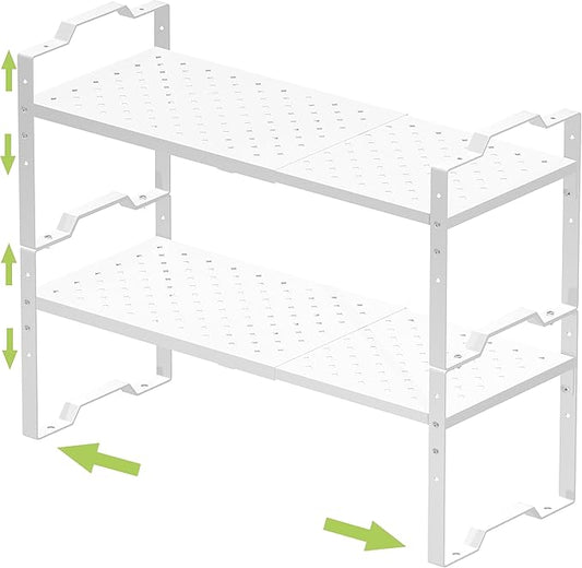 Jojocross Expandable Shelf for Cabinet Organizer Adjustable Stackable Spice Rack at Kitchen and Bathroom More,2 Packs/White, Medium