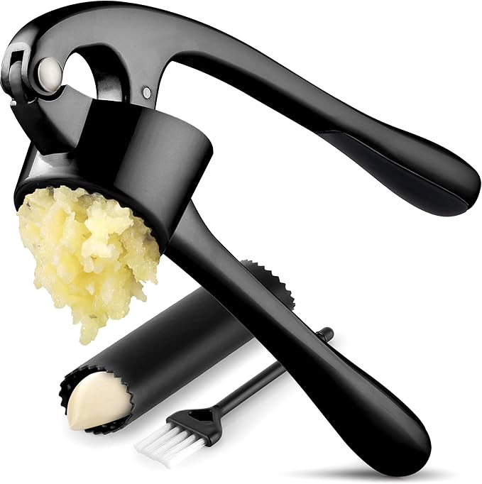 Zulay Kitchen Large Premium Garlic Press Set - Bigger Bowl for Bigger Garlic - Rust Proof Garlic Mincer Tool - Easy-Squeeze, Easy-Clean Silicone Garlic Peeler & Brush (Black)