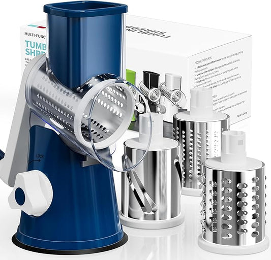 Nexsujo Rotary Cheese Grater Hand Crank, 3 Blades Slicer Shredder, Cheese Grater for Kitchen, Multi-Functional Kitchen Tool for Vegetables, Nuts, Chocolate, with Strong Suction Base, Dark Blue