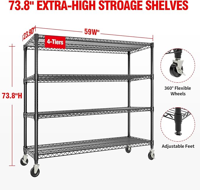 59" W Storage Shelves 2640LBS Heavy Duty Garage Shelving Units with Wheels and Adjustable Shelf, 4-Tiers Wire Shelving Rack for Garage Pantry Kitchen Warehouse Industrial