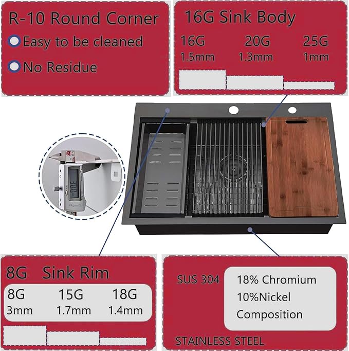 33 Inch Black Kitchen Sink Drop in - 33"x22" Topmount Ledge Workstation Sink 9 Inch Deep 16 Gauge Stainless Steel Single Bowl Sink with Accessories