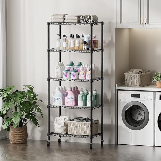SINGAYE 5 Shelf Storage Wire Shelves Closet Bathroom Organizers Metal Pantry Kitchen Garage Shelving Unit Laundry Room Organization Home Narrow Rack Net Basket with Wheels White
