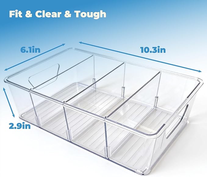 6 Pack Pantry Organizers and Storage, Clear Plastic with 3 Removable Dividers, for Tea Bag, Snack, Seasoning Organizer – BPA Free Perfect in Pantry and Fridge