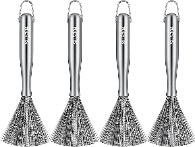 4 Pcs Stainless Steel Dish Brush with Handle Heavy Duty Kitchen Scrub Brush for Dishes Pots and Pans 304 Stainless Steel Long Handle Washing Brushes Metal Scrubber for Dishwashing Cleaning