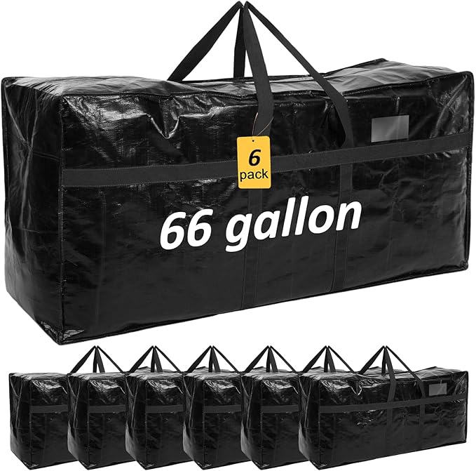 6 Pcs 66 Gallon Extra Large Moving Bags Heavy Duty Storage Bag with Strong Zipper Handle Foldable XXL Jumbo Storage Tote Packing Moving Box for College Dorm Travel Cloth Duffle (Black)