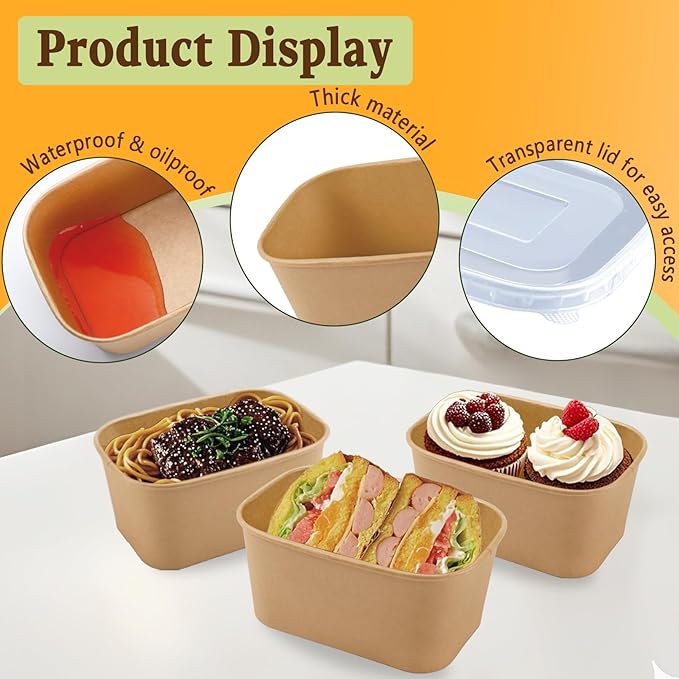 Gdotmely 50 Pack Paper Food Containers with Lids,35 oz Kraft Paper Bowls,Cardboard Meal Prep Containers with Lids for Salad,Snacks,Desserts,Hot/Cold Food,Rectangular Disposable Bowls