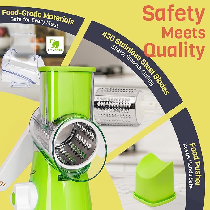 Nexsujo Rotary Cheese Grater Hand Crank, 3 Blades Slicer Shredder, Cheese Grater for Kitchen, Multi-Functional Kitchen Tool for Vegetables, Nuts, Chocolate, with Strong Suction Base, Green