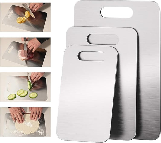 3 PCS Stainless Steel Cutting Boards for Kitchen, 304 Metal Chopping Boards for Meat, Fruits & Break, Non Toxic, Dishwasher Safe, (15.3"x11", 13.4"x9", 11.8"x8")