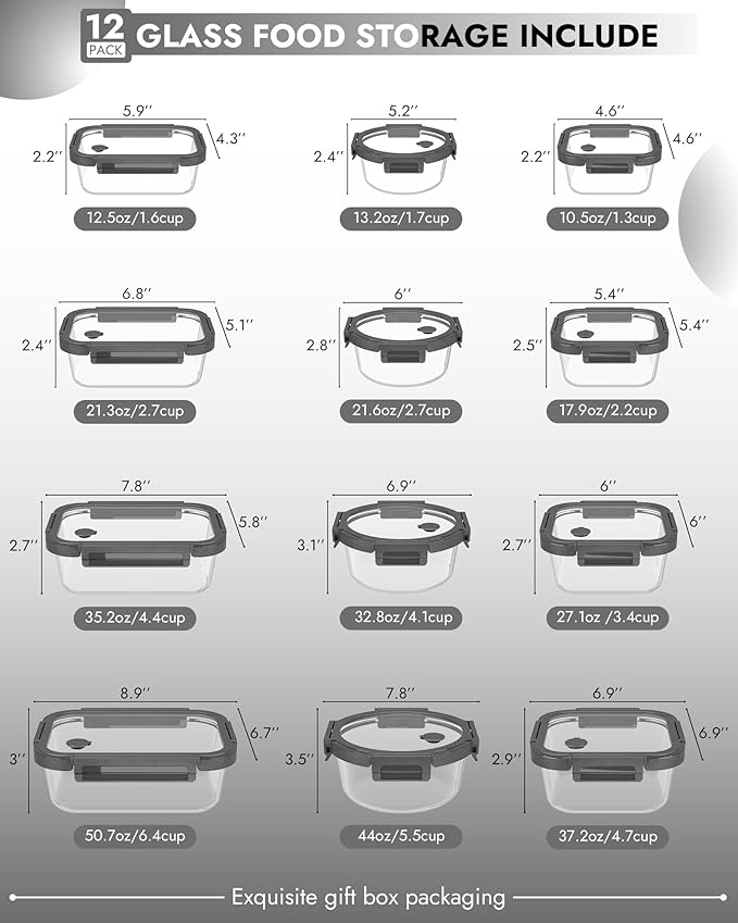 BOROHOUSE 12-Pack Glass Containers with Tempered Lids – Borosilicate, Oven-Safe(-4°F~950°F), Airtight, BPA-Free, Multi-Size for Meal Prep, Dishwasher Safe (Gray)