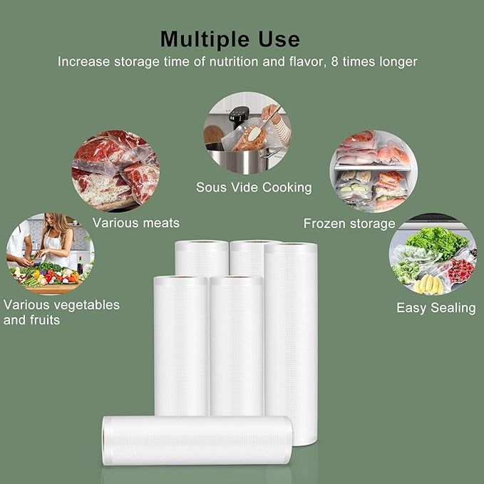 Precision Multi-layer Vacuum Sealer Bags Rolls, 8" x 16.4'(3 Rolls) and 11" x 16.4' (3 Rolls), BPA-Free Commercial Grade, Food Preservation, Food Vacuum Sealer Bags for Sous Vide and Freezer Storage