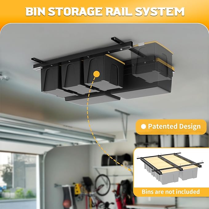 WALMANN Overhead Tote Storage Rail System, Garage Ceiling Bin Storage Rack Heavy Duty Adjustable Tote Slide Rails(Black, Bins not Included)