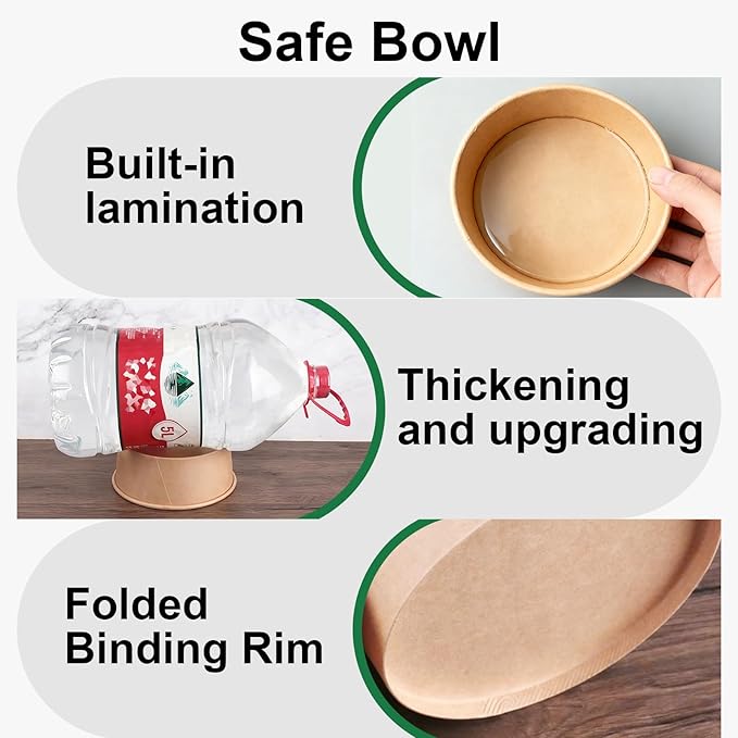 ganfaner 47 Oz Bulk Pack Disposable meal prep Round Paper Bowls with Lids,200 Sets Leakproof Microwave-Safe Deli Containers, Bulk Pack for Salad, Soup, Pho,Acai & Picnic, Sturdy for Food Toppings
