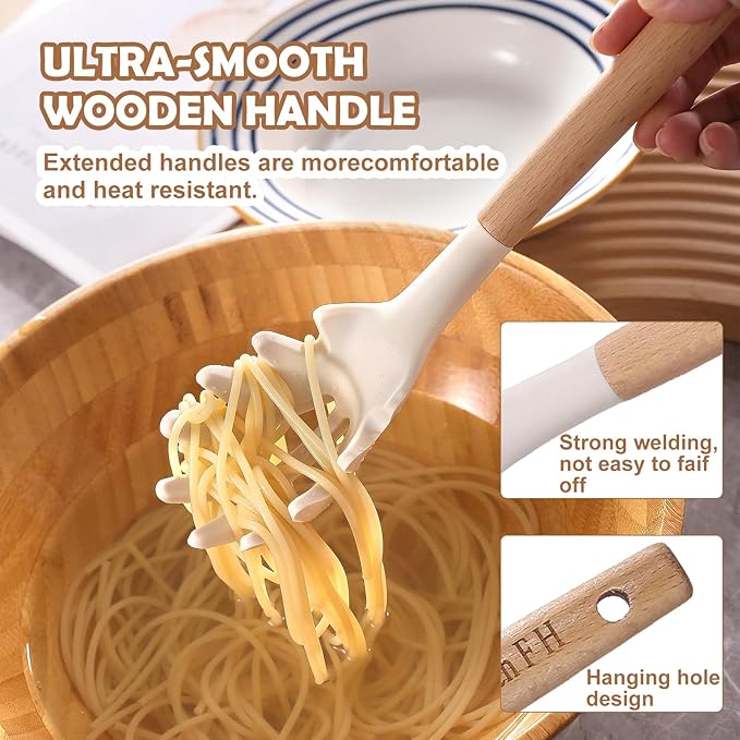 Silicone Kitchen Utensils Set 14pcs, Heat Resistant BPA Free Cooking Tools With Wooden Handles, Safe For Nonstick Cookaware, Beige
