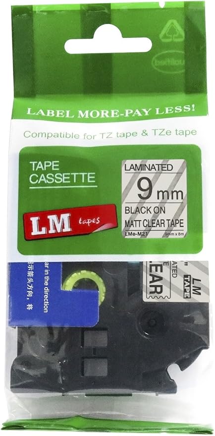 1/Pack LM Tapes - LMeM21 Premium 3/8" Black Print on Matte Clear Label Compatible with P-Touch TZe-M21 Tape and Includes Tape Color/Size Guide. Replaces TZ-M21 9mm 0.35 Laminated.