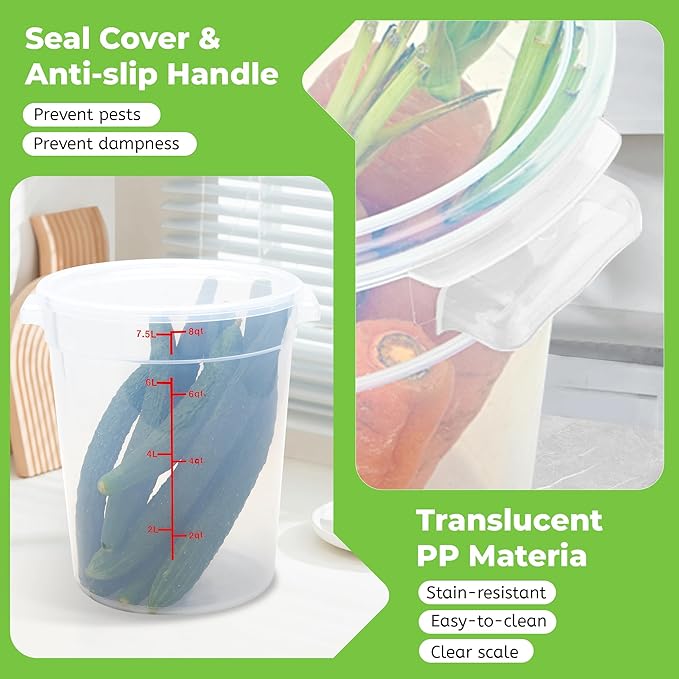 BIEAMA 4 Pack Round Food Storage Containers with Lids, 8Qt Translucent Commercial Food Container, Polypropylene, BPA Free, Includes Labels & Measuring Cups