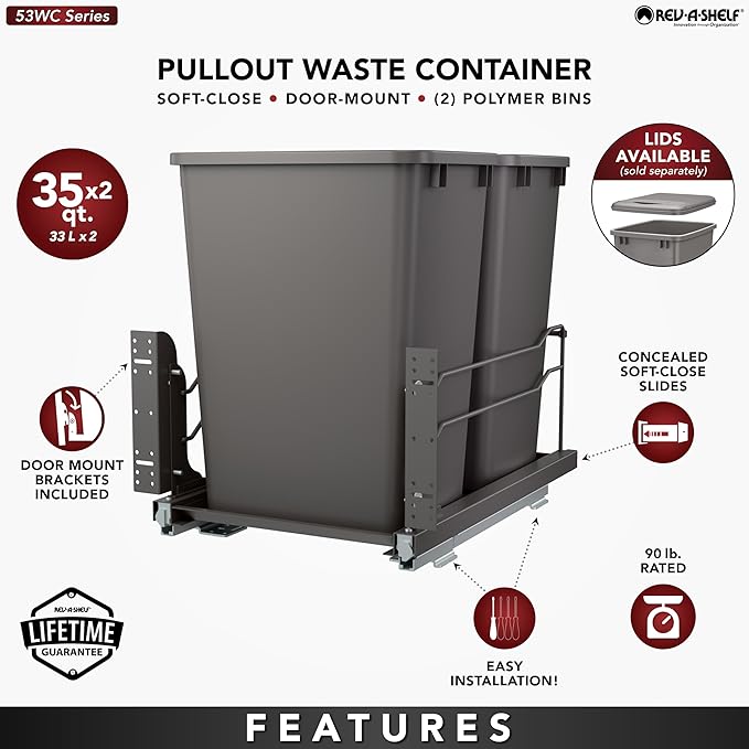 Rev-A-Shelf Double Pullout Trash Cans for Under Kitchen Cabinets 35 Quart 8.75 Gallon with Soft-Close Slides, Orion Gray, 53WC-1835SCDM-213