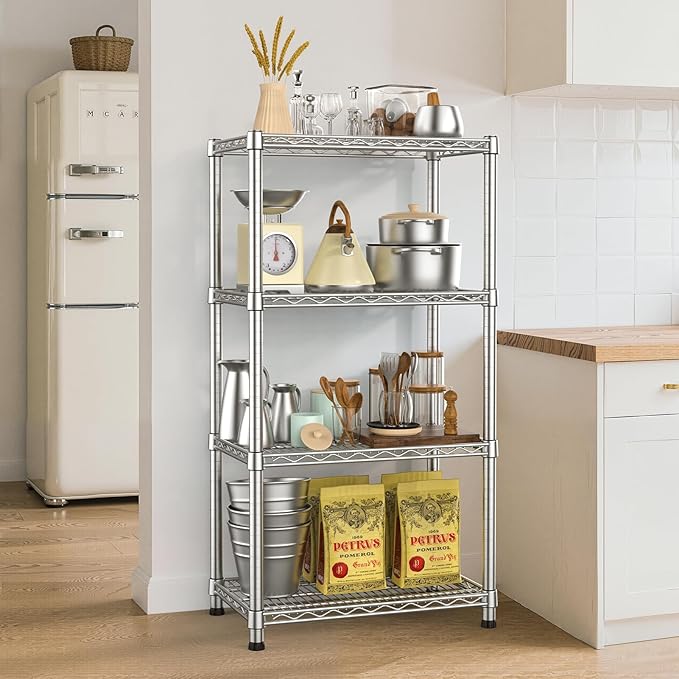 4- Shelf Metal Wire Shelving Unit Adjustable Metal Shelving Sturdy Steel Commercial Garage Storage Shelf organize Rack Units Heavy Duty 2200 LBS,for Laundry Bathroom Organization Kitchen Closet