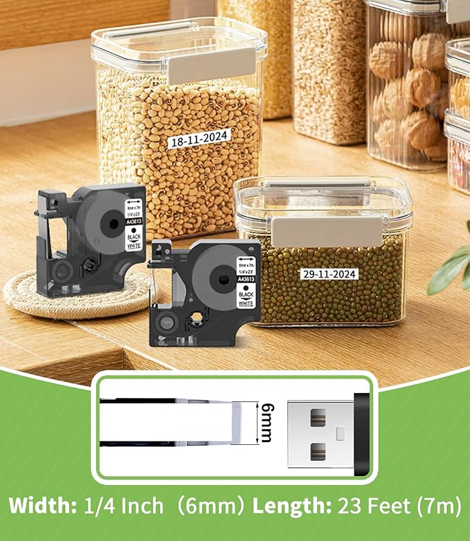 Freshworld Compatible with Dymo D1 Label Tape 1/4 Inch 43613 S0720780 Label Maker Refills d1, Black on White 6mm Refills, for LabelManager 160 210D 260P 280 360D Printer COLORPOP, 23 Ft, 6-Pack