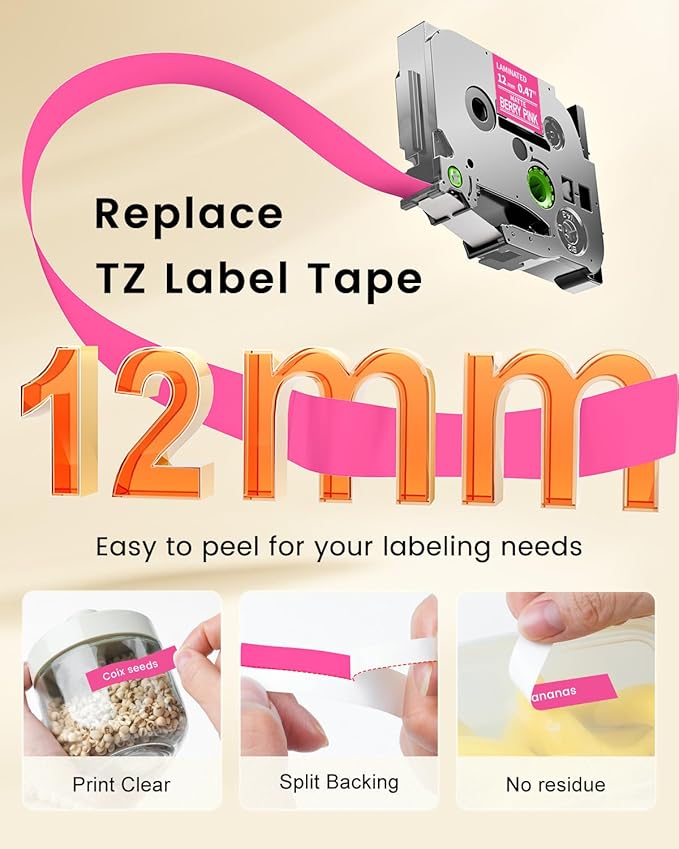 Pink Label Maker Tape Replacement for Brother P-Touch Label Tape White on Berry Pink Tze-MQP35 Tz 12mm 0.47 Laminated Matte for Ptouch PT-D210 D220 H100 H103w H110 D400 D600, 12mmx 8m 26.2ft, 3 Pack