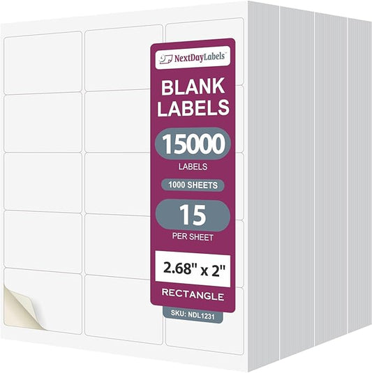 NextDayLabels 2.69x2 Inch Rectangle Stickers White Blank Labels for Laser Inkjet Printer - 15 Per Sheet Self-Adhesive Shipping Name Tags Product Made in USA - 15,000 Labels