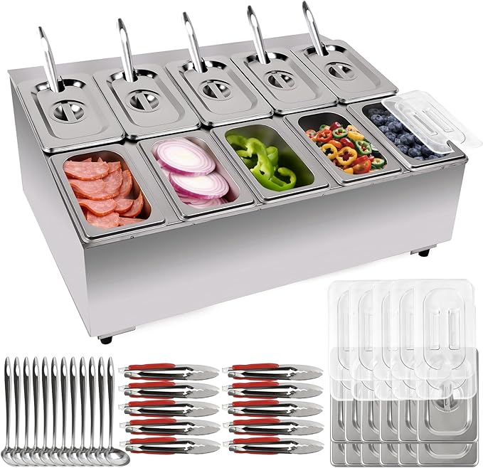 Lanstics Pizza Topping Station 10 Pans Pizza Storage Container Topping containers with Lids Spoon Condiment Organizers Buffet Containers Set for Restaurant Pizza Sauce Jam Fruit Ingredient