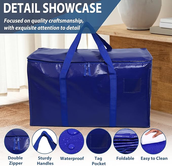 6 Pack Moving Bags Heavy Duty, Extra Large Moving Bags, Moving Supplies, Storage Bags with Handles and Zippers, Waterproof Totes for Storage Space Saving Packaging Shipping and Travel(Blue)
